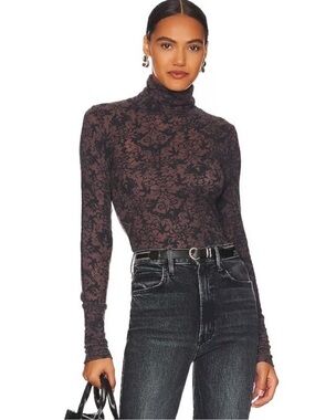 Free People Intimately You and I Long Sleeve Turtleneck Top Black Floral New
